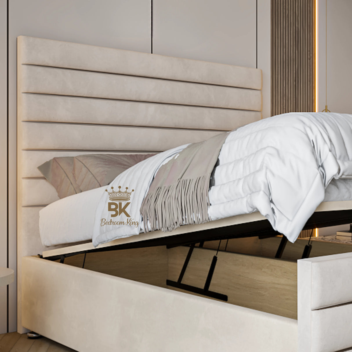 Upholstered 54" high headboard with ottoman divan storage