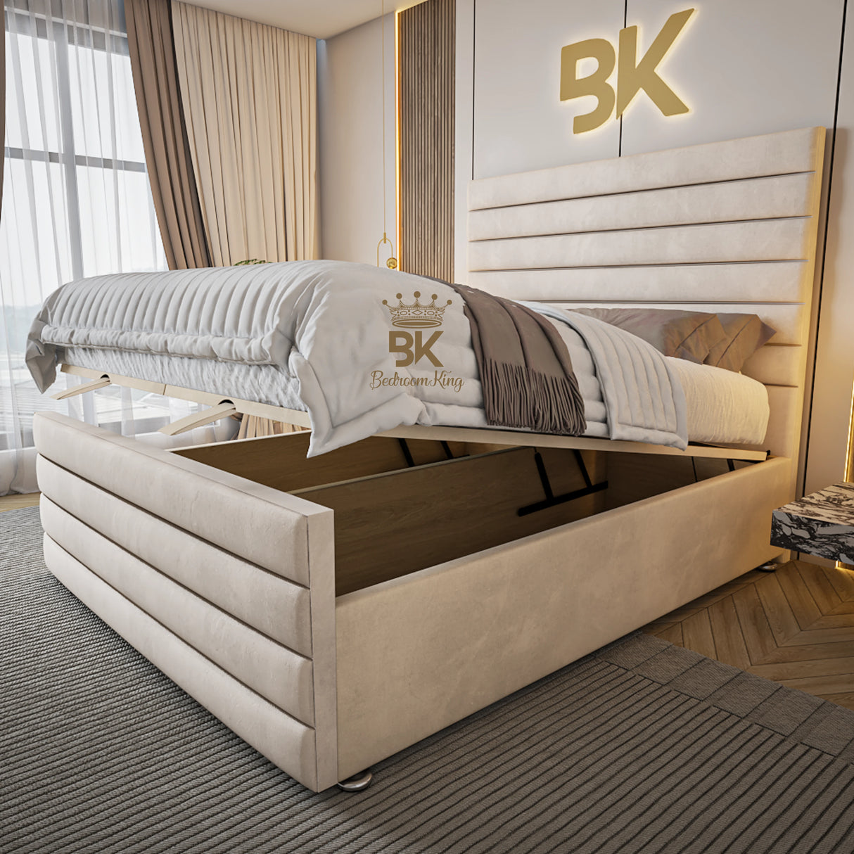 Upholstered ottoman divan storage bed frame in cream plush velvet