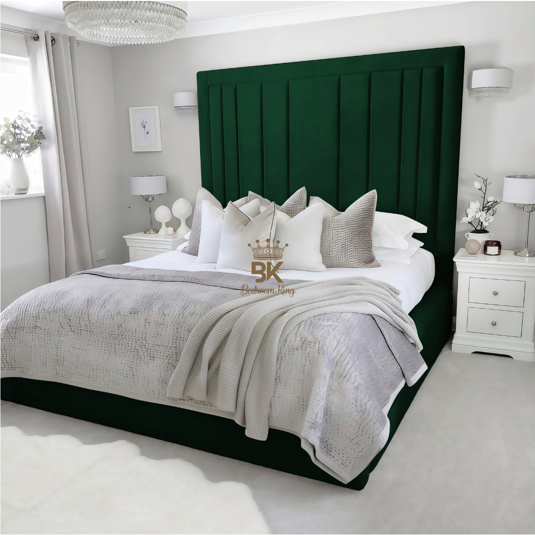 Storage upholstered bed frame ingreen plush velvet made by Bedroomking 