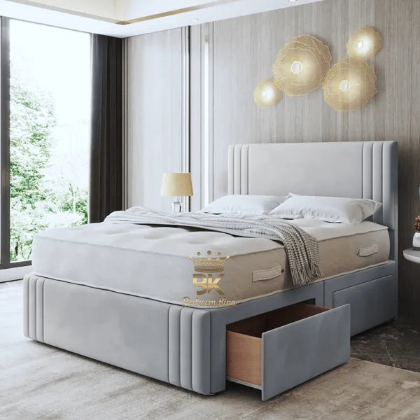 Danica Modern Divan Bed in silver plush velvet