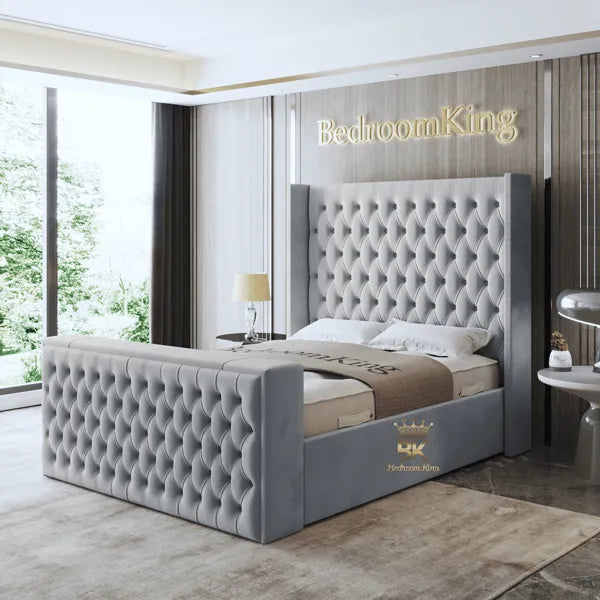 TV bed frame with wingback headboard in silver plush velvet