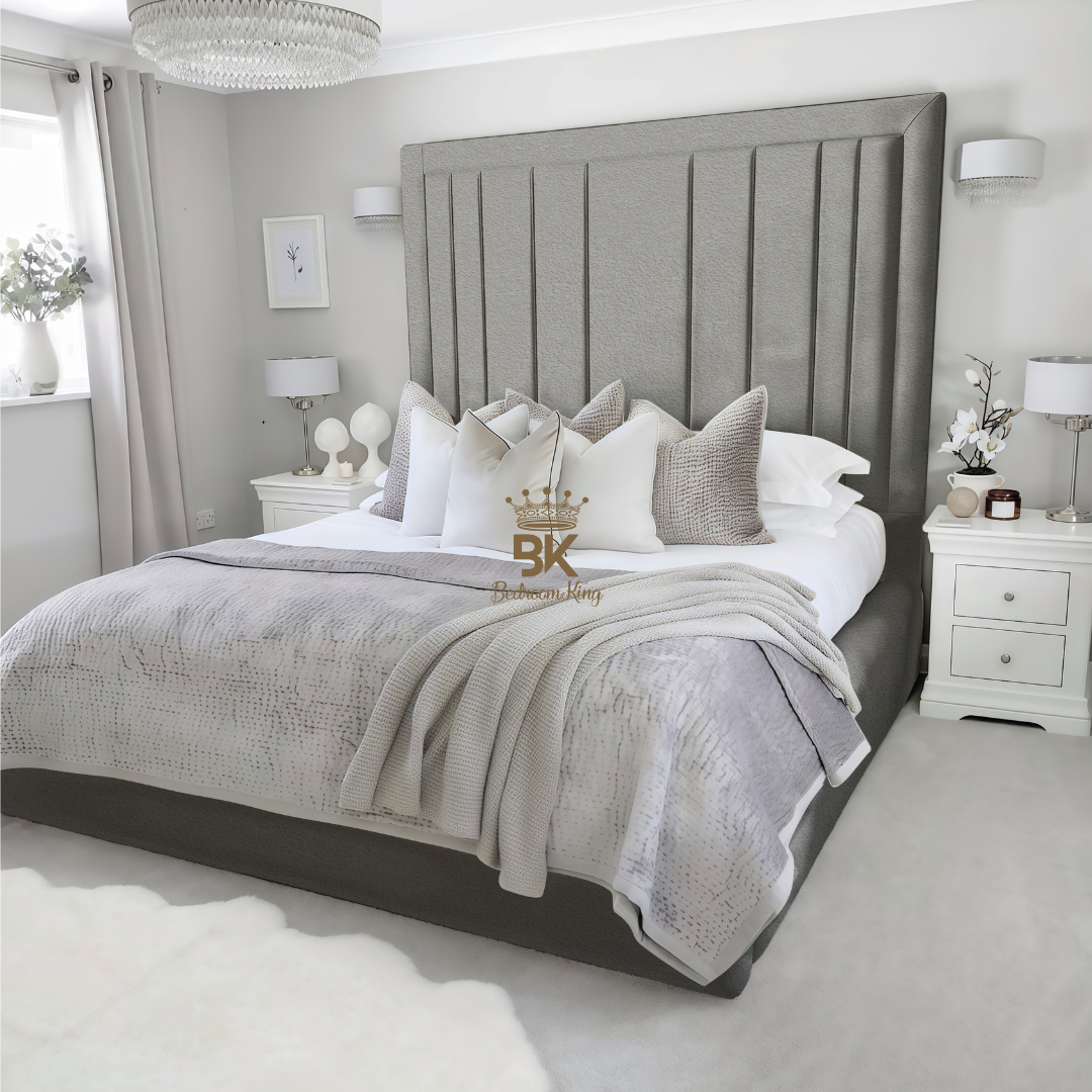 Storage upholstered bed frame in grey teddy boucle made by Bedroomking 