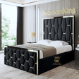Luxury tall mirror headbord bed frame in black plush velvet 