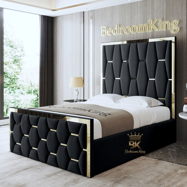 Luxury tall mirror headbord bed frame in black plush velvet 