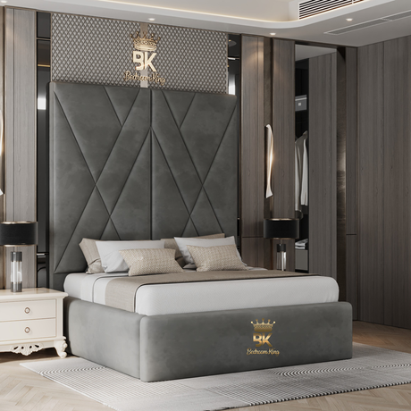 Modern bedroom with a gray upholstered bed and decorative headboard, featuring the 'BK Bedroom King' brand.
