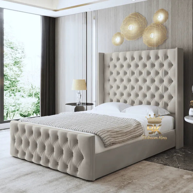 High headboard wingback bed frame in cream plush velvet 