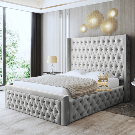 High headboard chesterfield bed frame in silver plush velvet