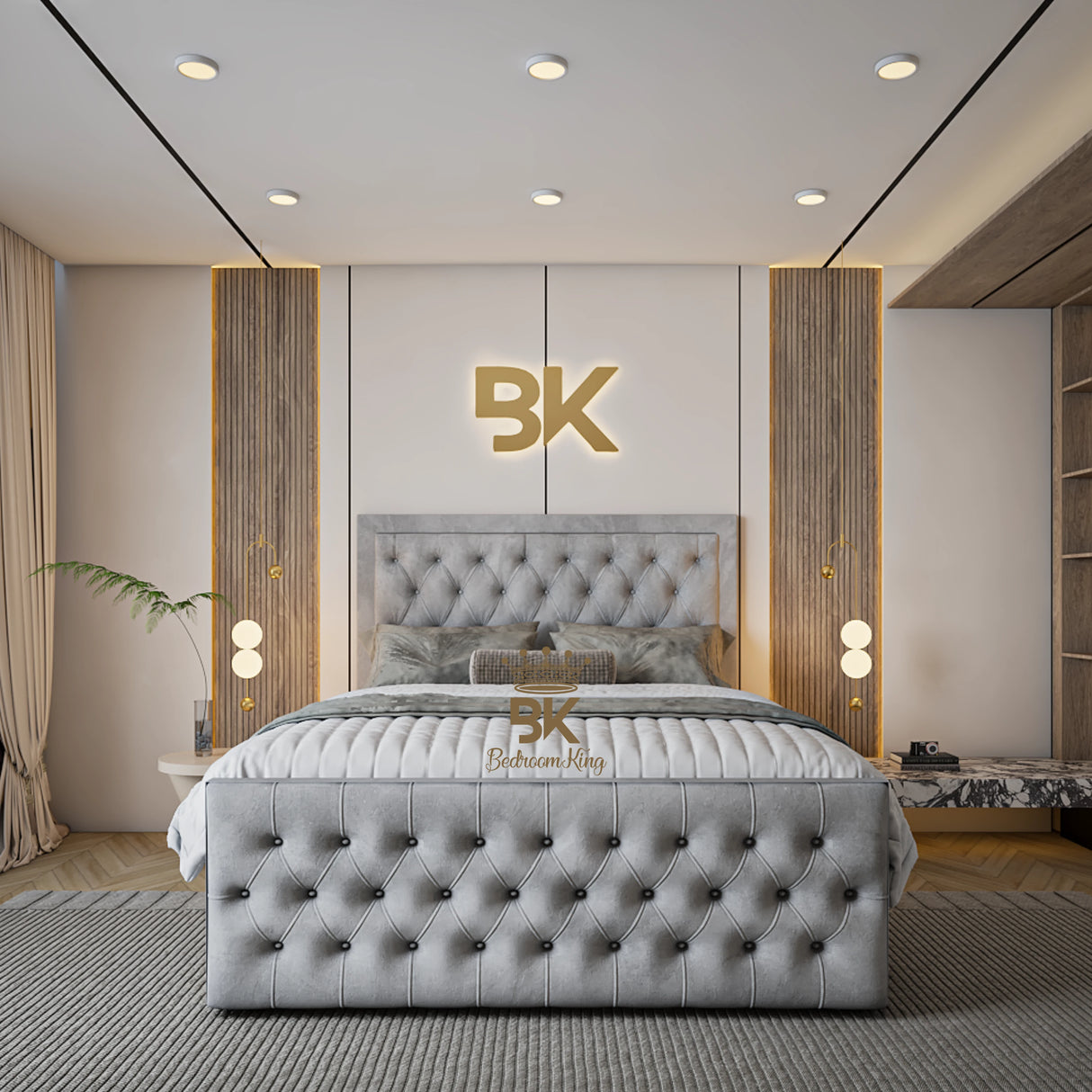 Upholstered ottoman divan storage king size bed frame in silver plush