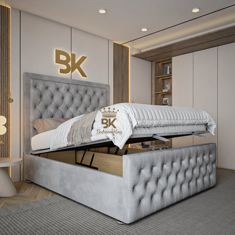 Upholstered ottoman divan bed frame in silver plush velvet