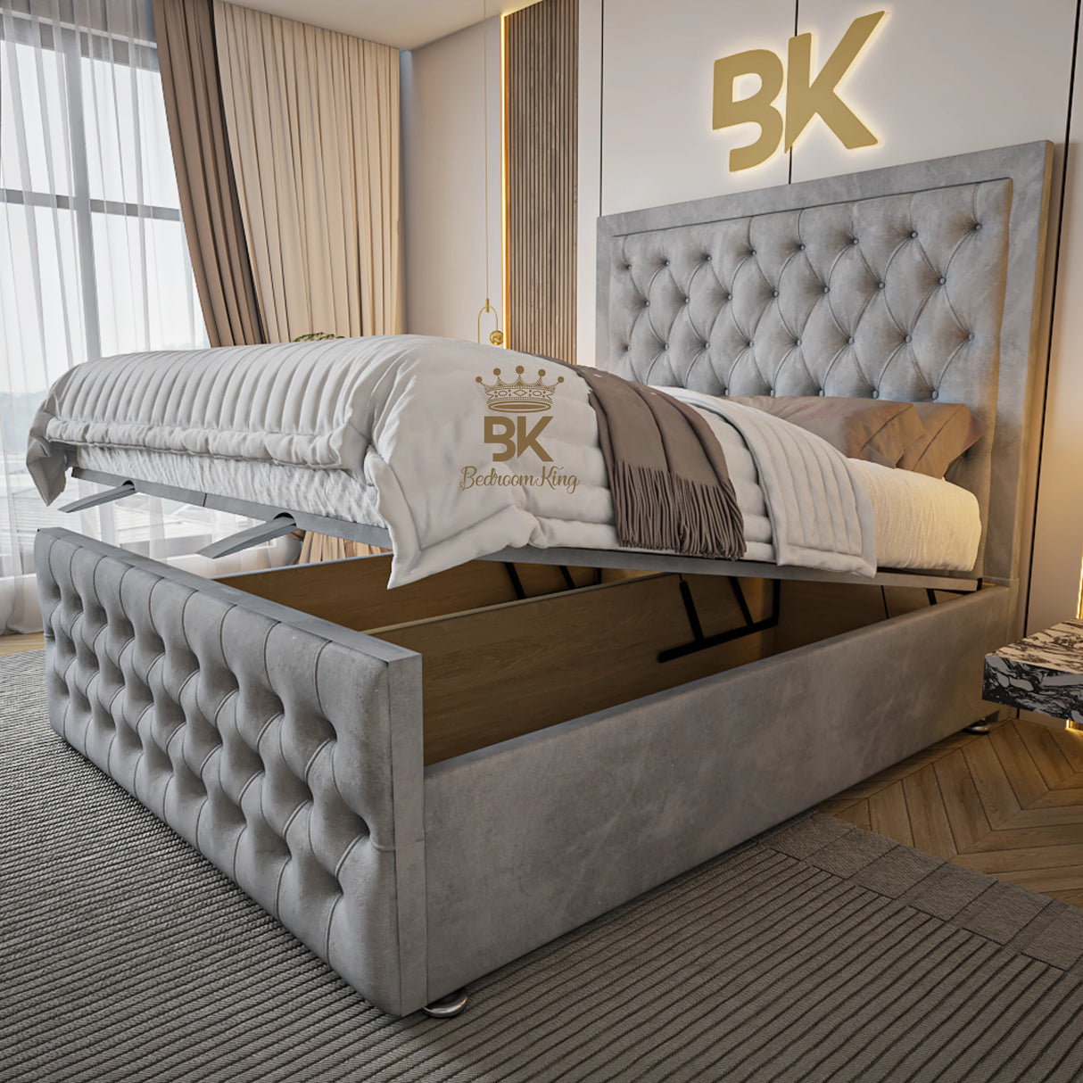 Upholstered ottoman divan storage bed frame made by Bedroomking