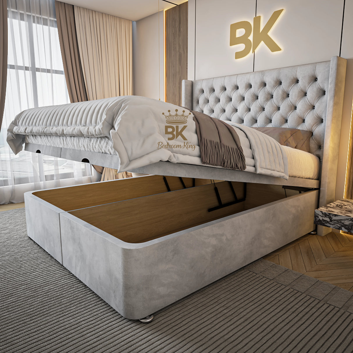 Wingman silver plush ottoman divan bed frame with lift-up base