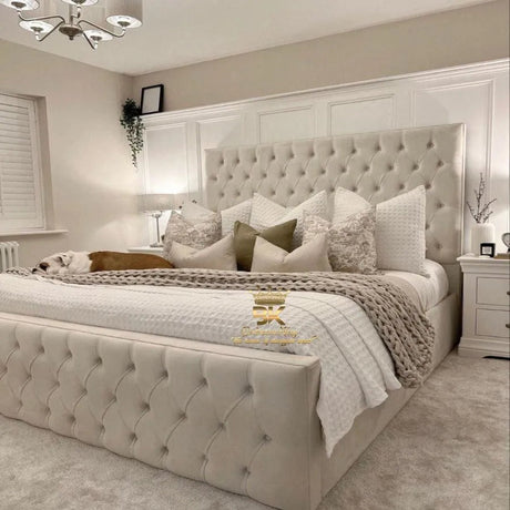 High headboard bed frame with storage in cream plush velvet