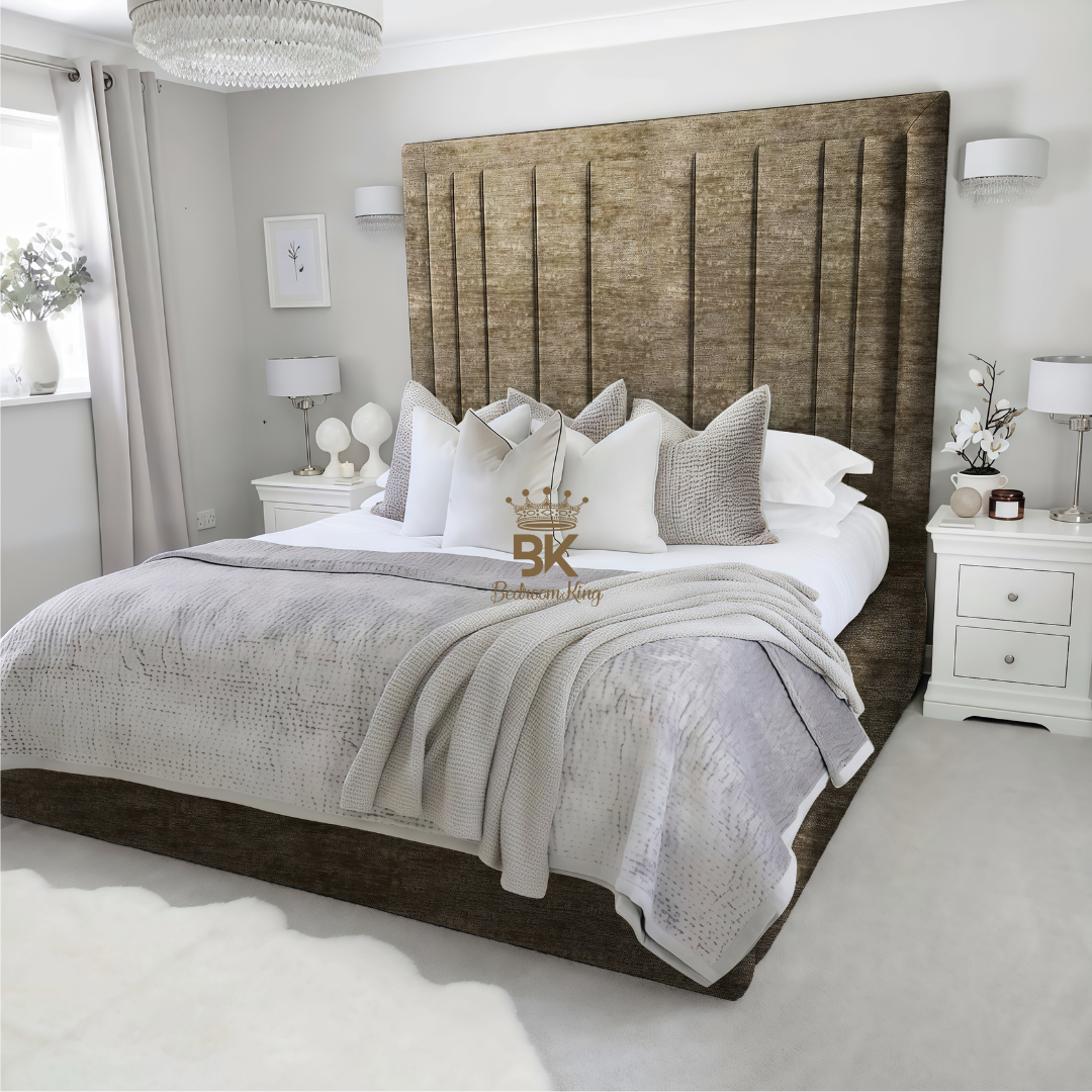 Storage upholstered bed frame in mink chenille made by Bedroomking 
