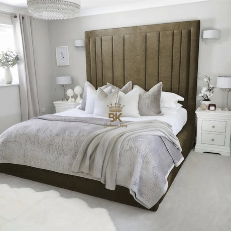 Upholstered bed frame in super king size and mink coniston made by Bedroomking