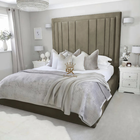 Upholstered bed frame in super king size and mink plush velvet made by Bedroomking