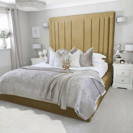 Upholstered bed frame in super king size and mustard plush velvet made by Bedroomking