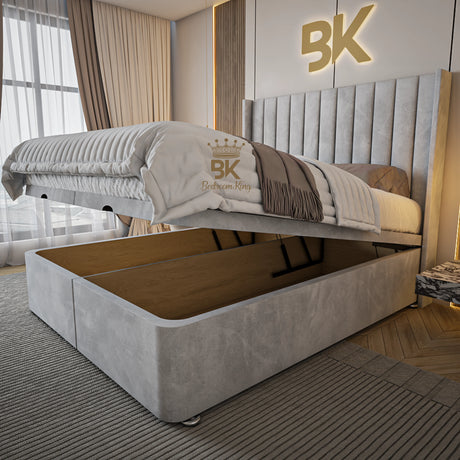 Wingback Ottoman Divan Bed Frame in Silver Plush Velvet