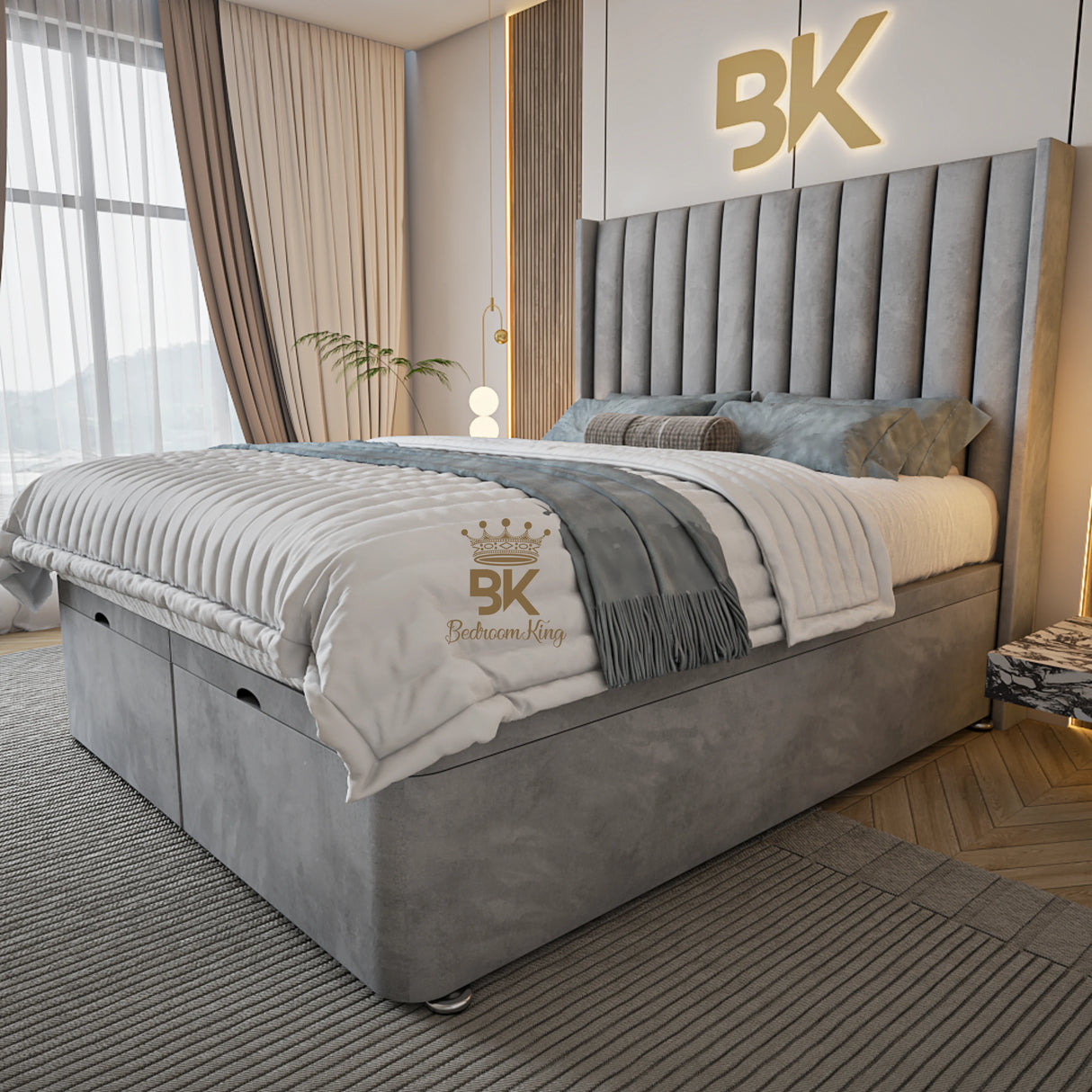 Wingback Divan Ottoman Bed Frame - King Size Silver Storage Bed