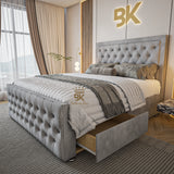 Silver upholstered bed with tufted headboard - Super King Size Bed Frame