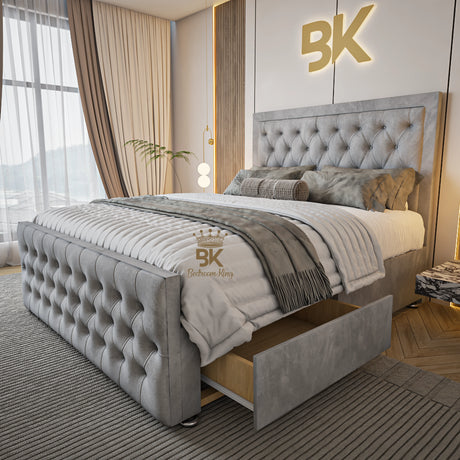 Silver upholstered bed with tufted headboard - Super King Size Bed Frame