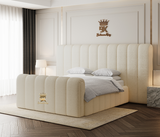 Luxurious teddy boucle bedframe with a large upholstered headboard in cream.