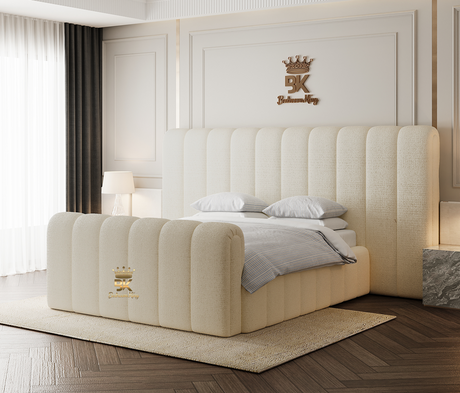 Luxurious teddy boucle bedframe with a large upholstered headboard in cream.