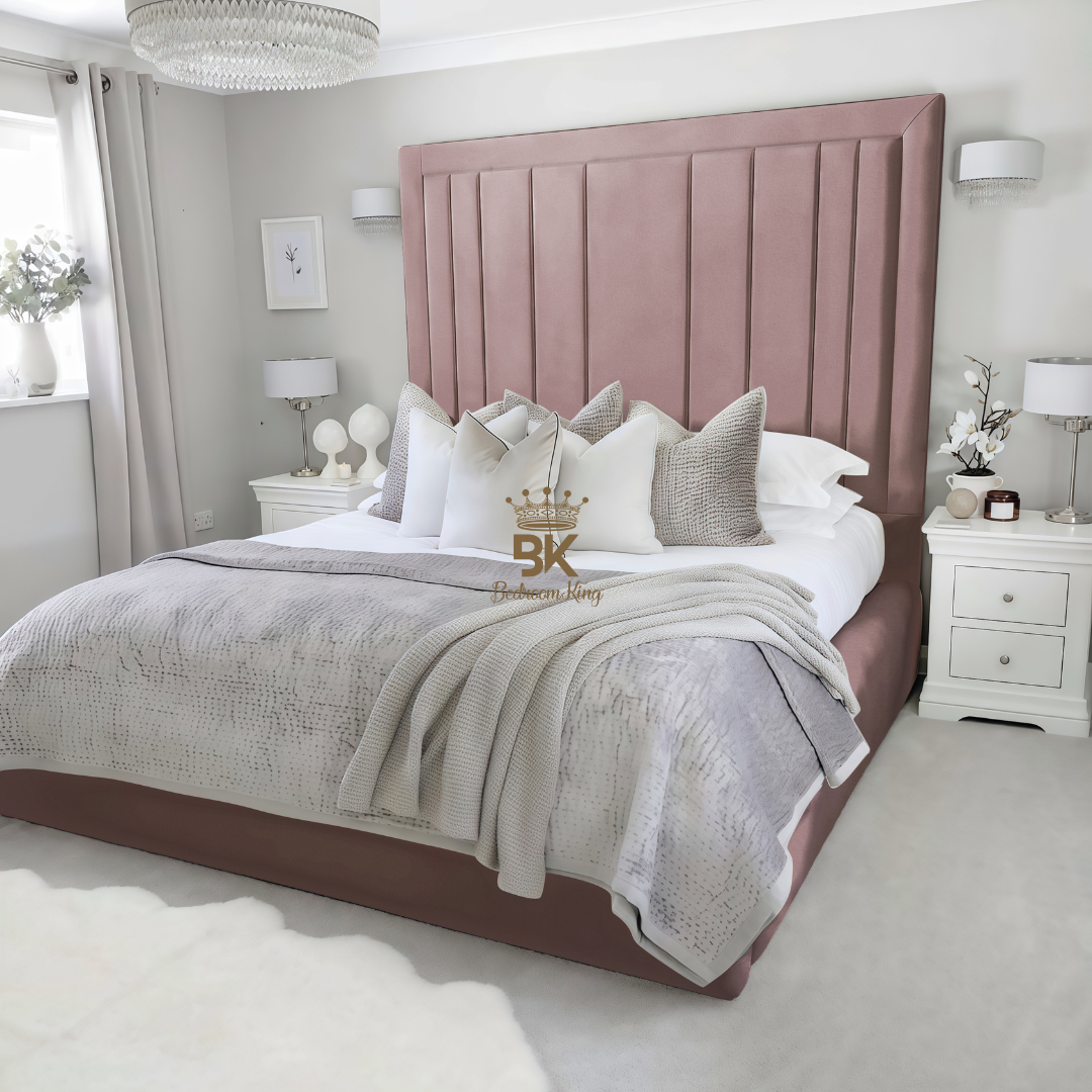 Upholstered Bed frame with ottoman storage and pink plush velvet colour