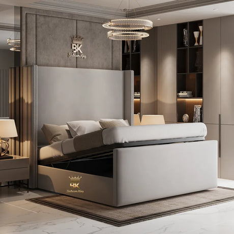 Grey upholstered wingback storage bed made by Bedroomking