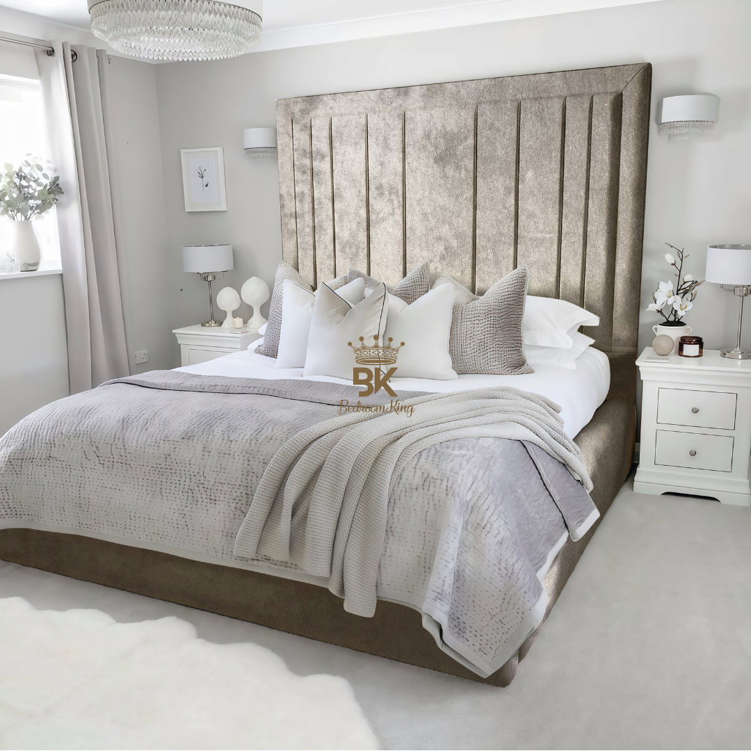 Bed Frame in Silver Crushed Velvet with storage options made by Bedroomking