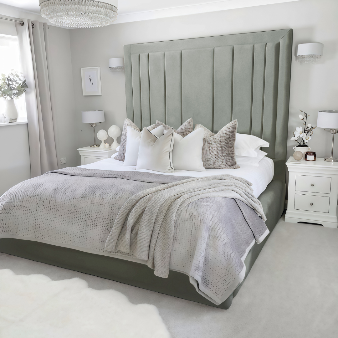 Neatly made bed frame with silver plush velvet 