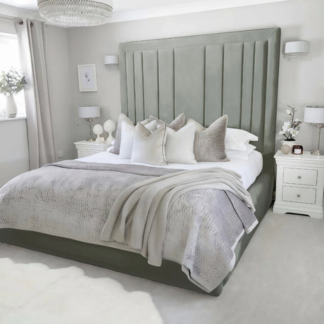 Isbah piped border storage bed frame in Silver plush velvet