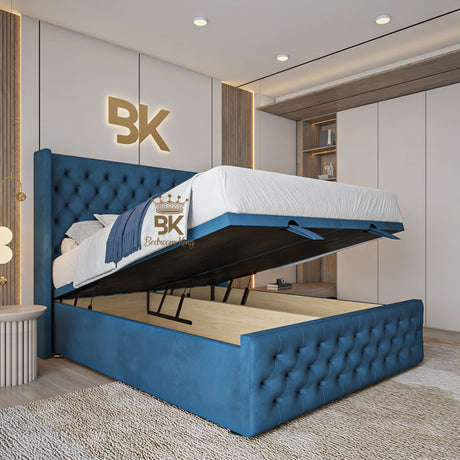 Wingman ottoman divan storage bed frame blue plush finish