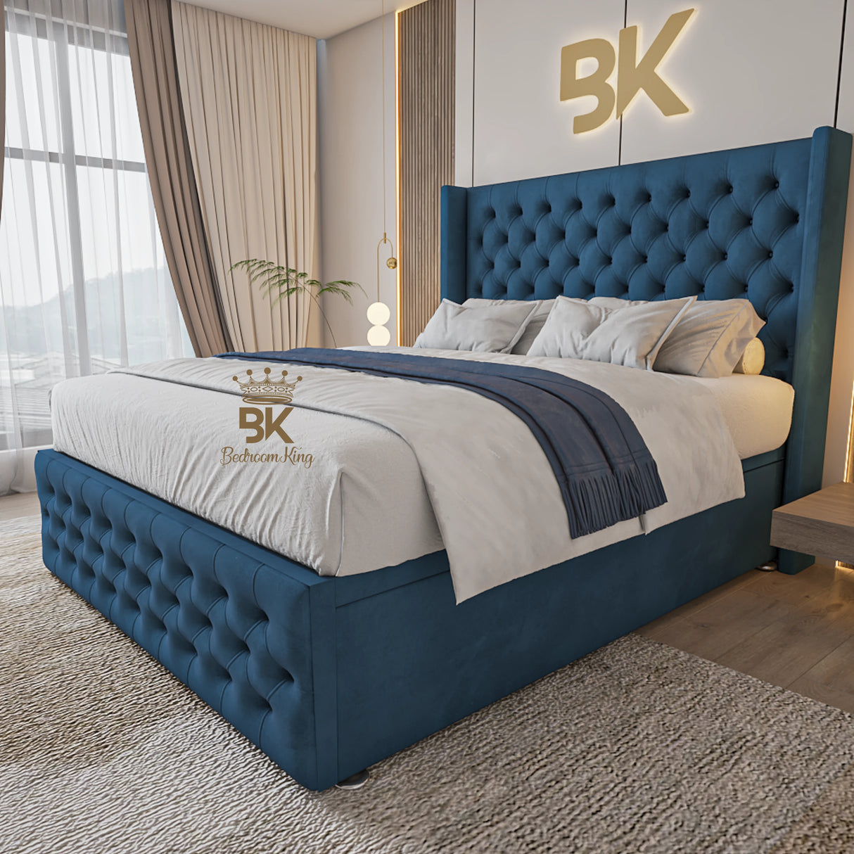 Wingman modern ottoman divan bed frame in soft blue plush velvet