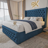 Wingman modern ottoman divan bed frame in soft blue plush velvet