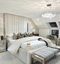 Panel bed frame with high base in cream plush velvet