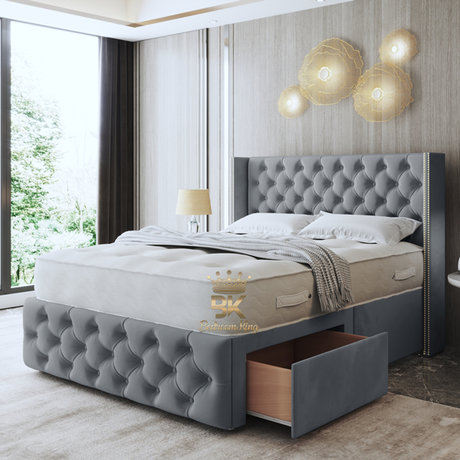 Wingback divan bed frame in grey plush velvet