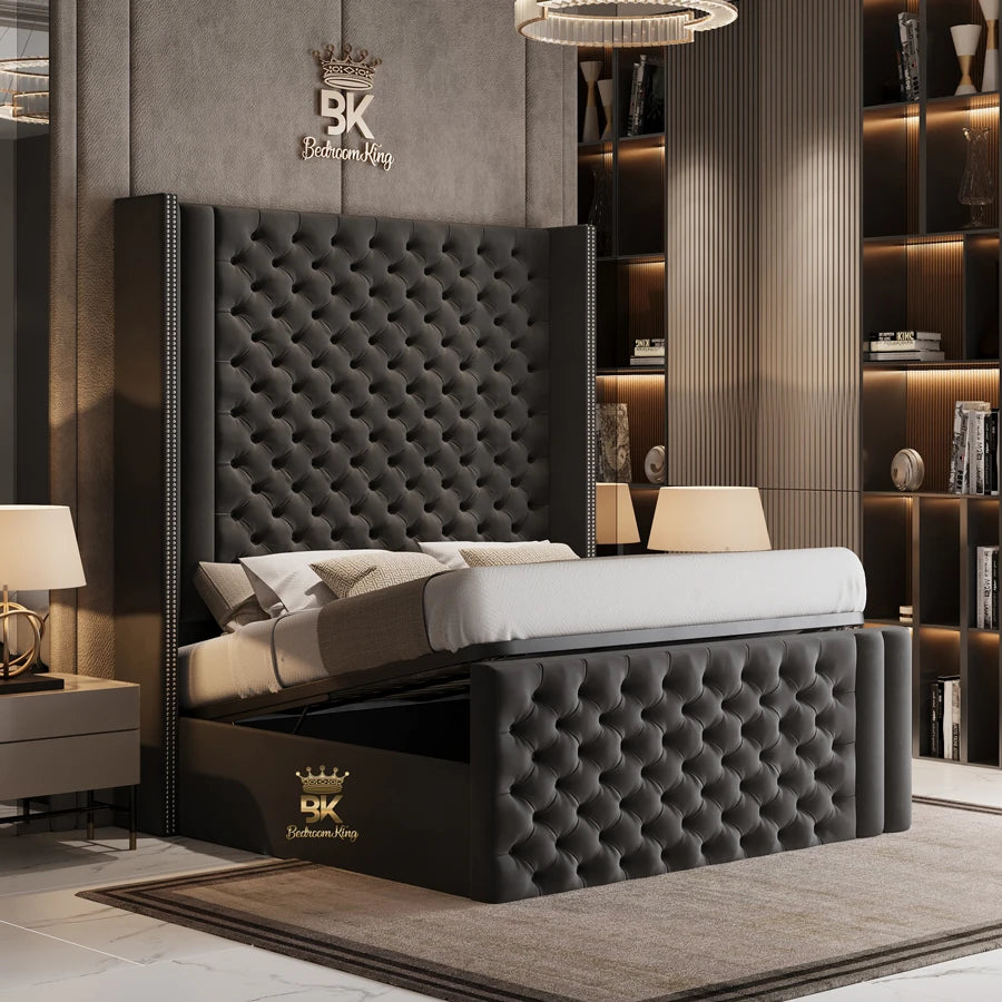 Upholstered Storage Bed Frame in slate plush velvet made by Bedroomking