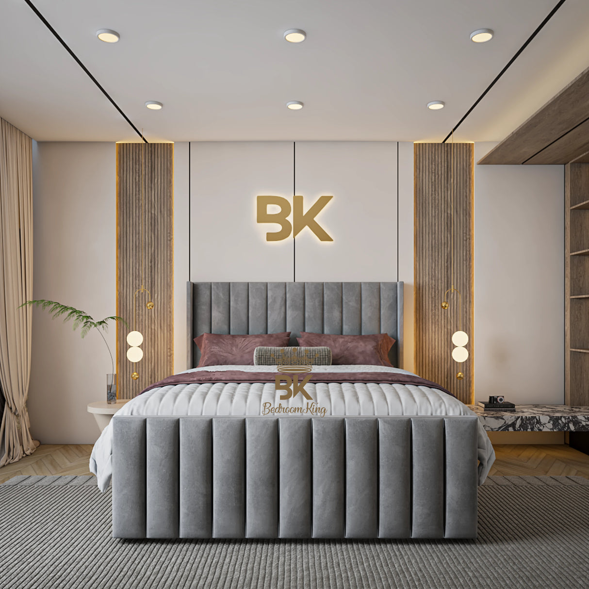 Grey upholstered Double bed with ottoman divan storage made by Bedroomking