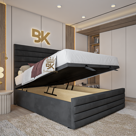 King size upholstered ottoman divan bed frame in black plush velvet