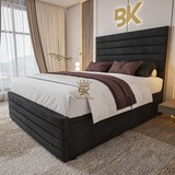 Upholstered ottoman divan storage bed frame in black plush - Super king size