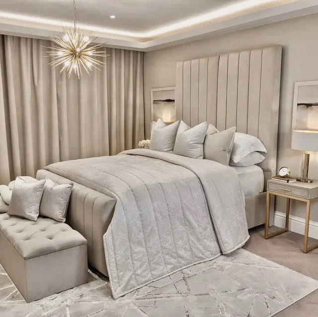 Luxury panel bed frame with high headboard in mink plush velvet