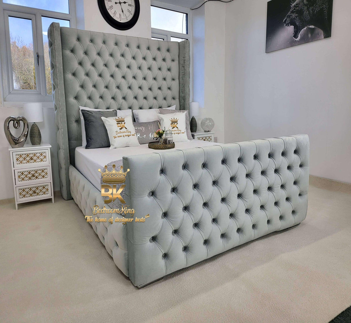 Wingback Bed Frame in grey with tall headboard kingsize