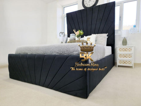 Storage bed frame with high headboard in black plush velvet 