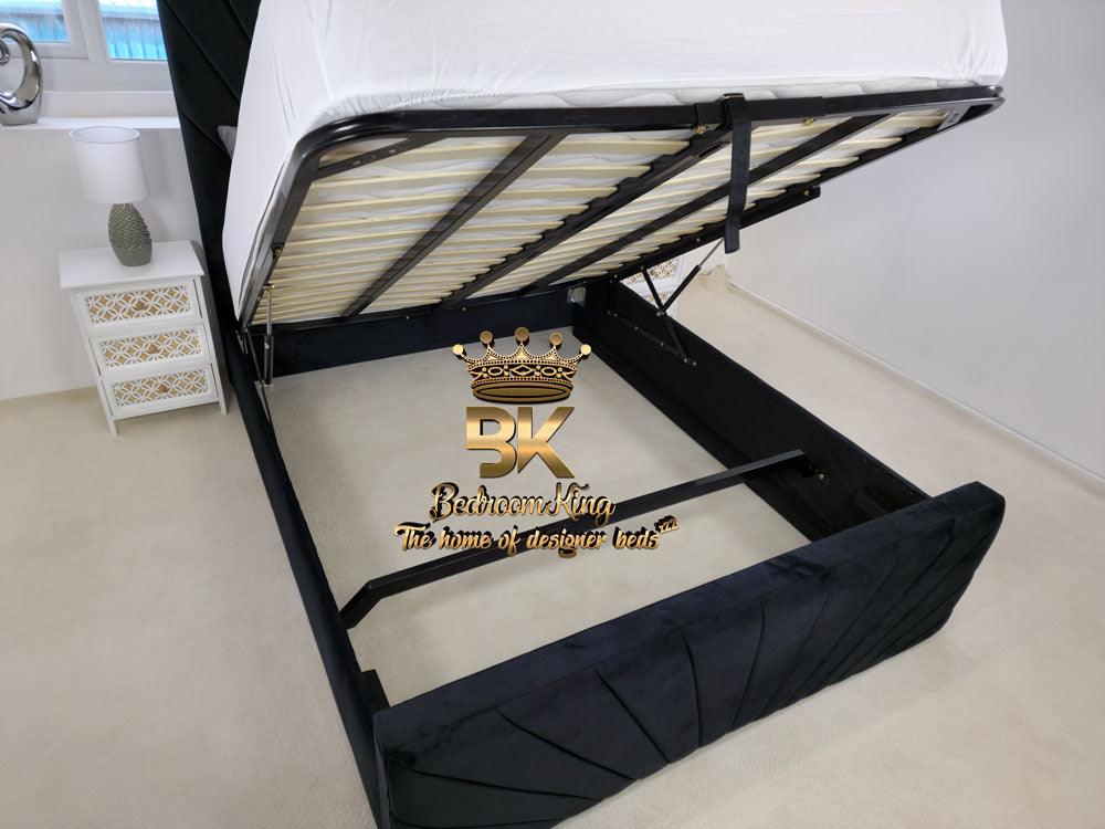 Adaline Black Velvet Ottoman Storage Bed Frame with Tall Headboard - Bedroomking