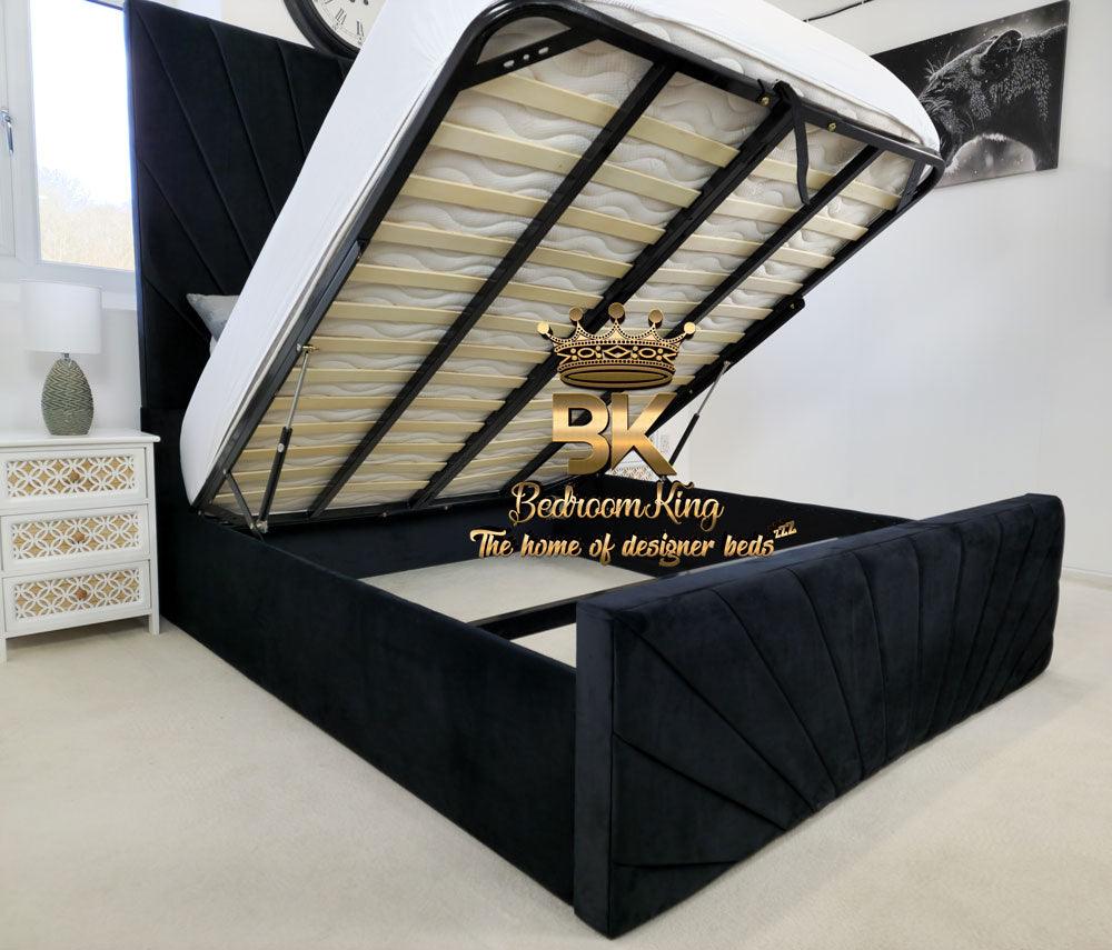 Adaline Black Velvet Ottoman Storage Bed Frame with Tall Headboard - Bedroomking