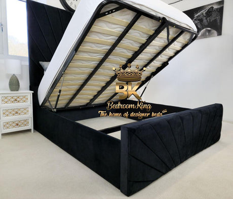 Adaline Black Velvet Ottoman Storage Bed Frame with Tall Headboard - Bedroomking