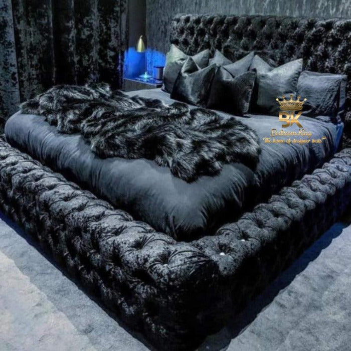 Ambassador bed frame with high headboard in black crushed velvet