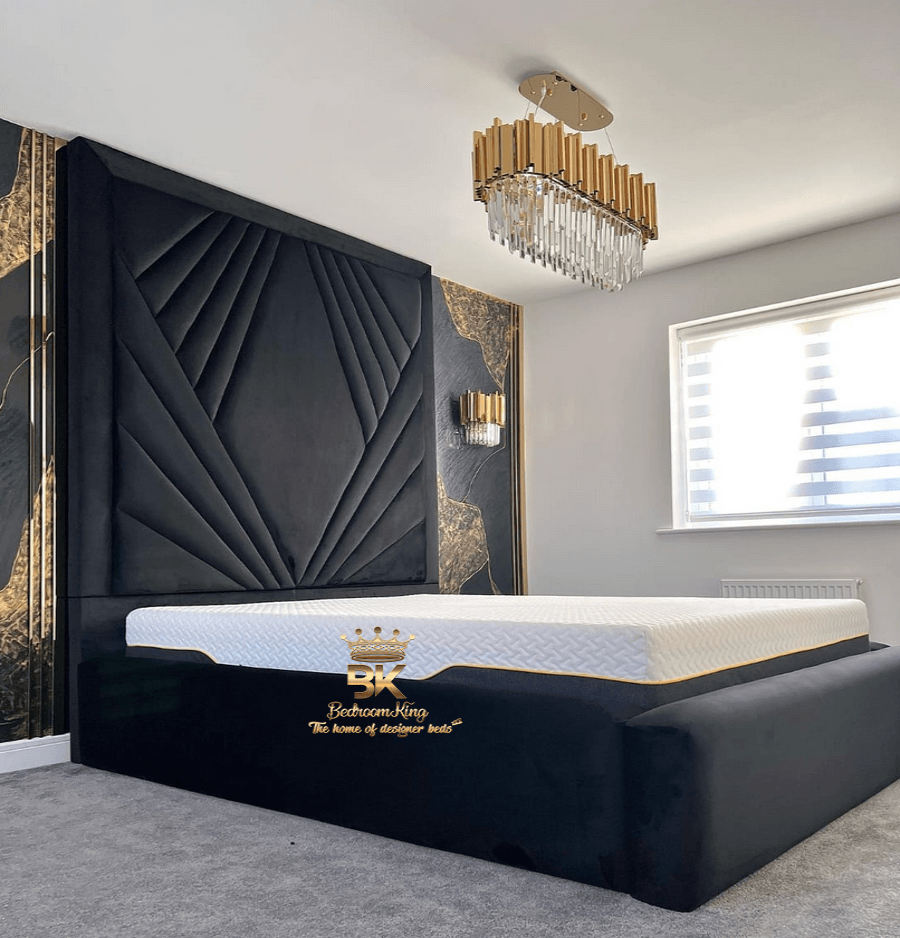 Bed frame with high headboard in black plush velvet 