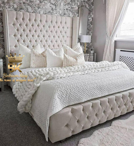 Bed frame with tall wingback headboard in cream naples