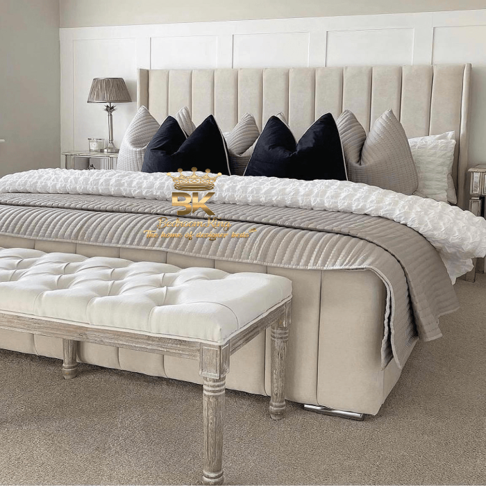 Wingback bed frame in cream plush velvet